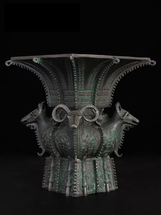 China's Top Treasure: Four Rams Square Zun Patinated Bronze Sculpture