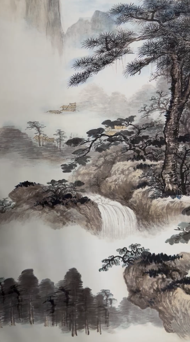 Traditional Chinese Realistic Painting: The Pine, The Canyon, And The Clouds