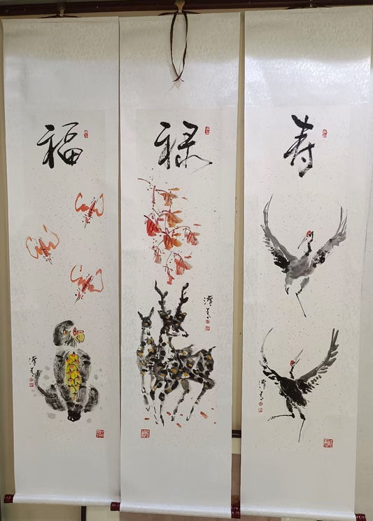 Bundled Traditional Chinese Paintings: Blessing, Prosperity, and Longevity