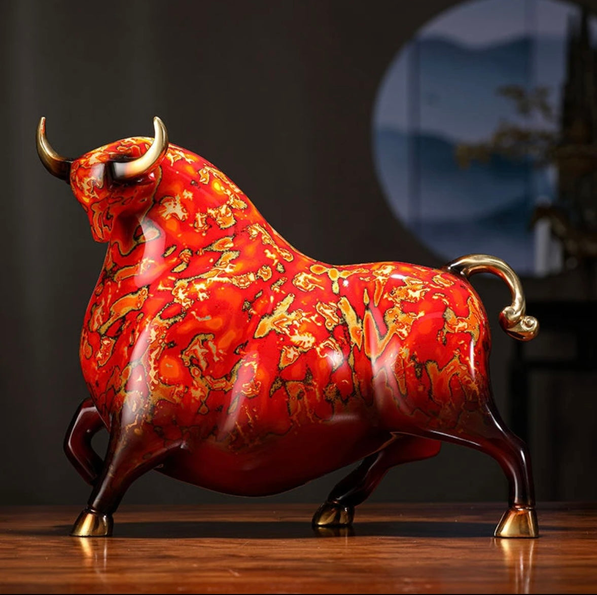 Bronze Bull Sculpture Lacquered Majesty: The Regal Saunter