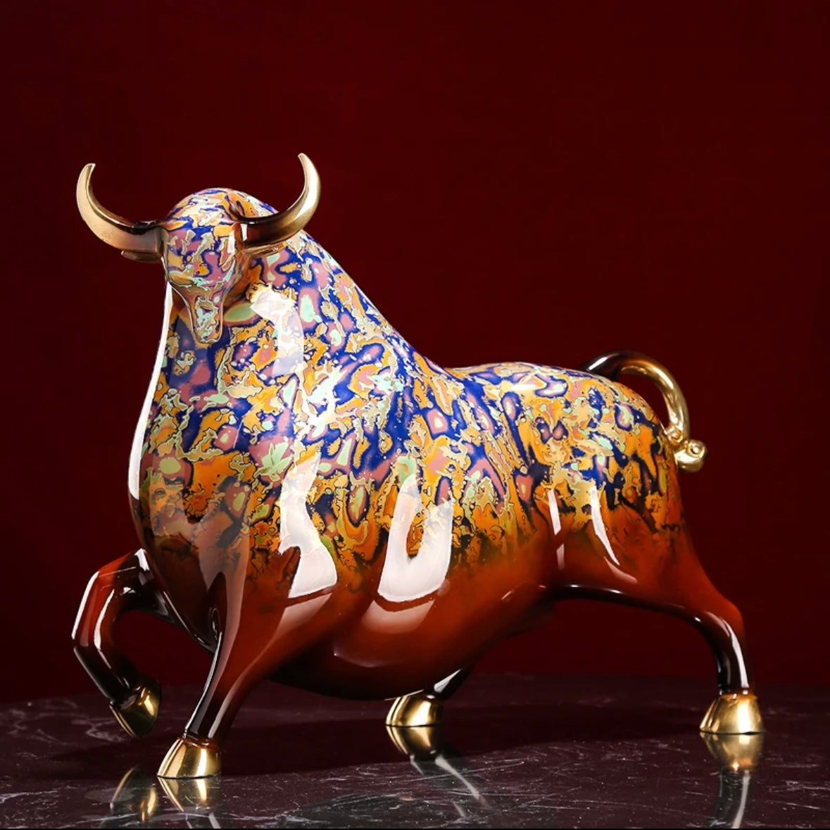 Bronze Bull Sculpture Lacquered Majesty: The Regal Saunter