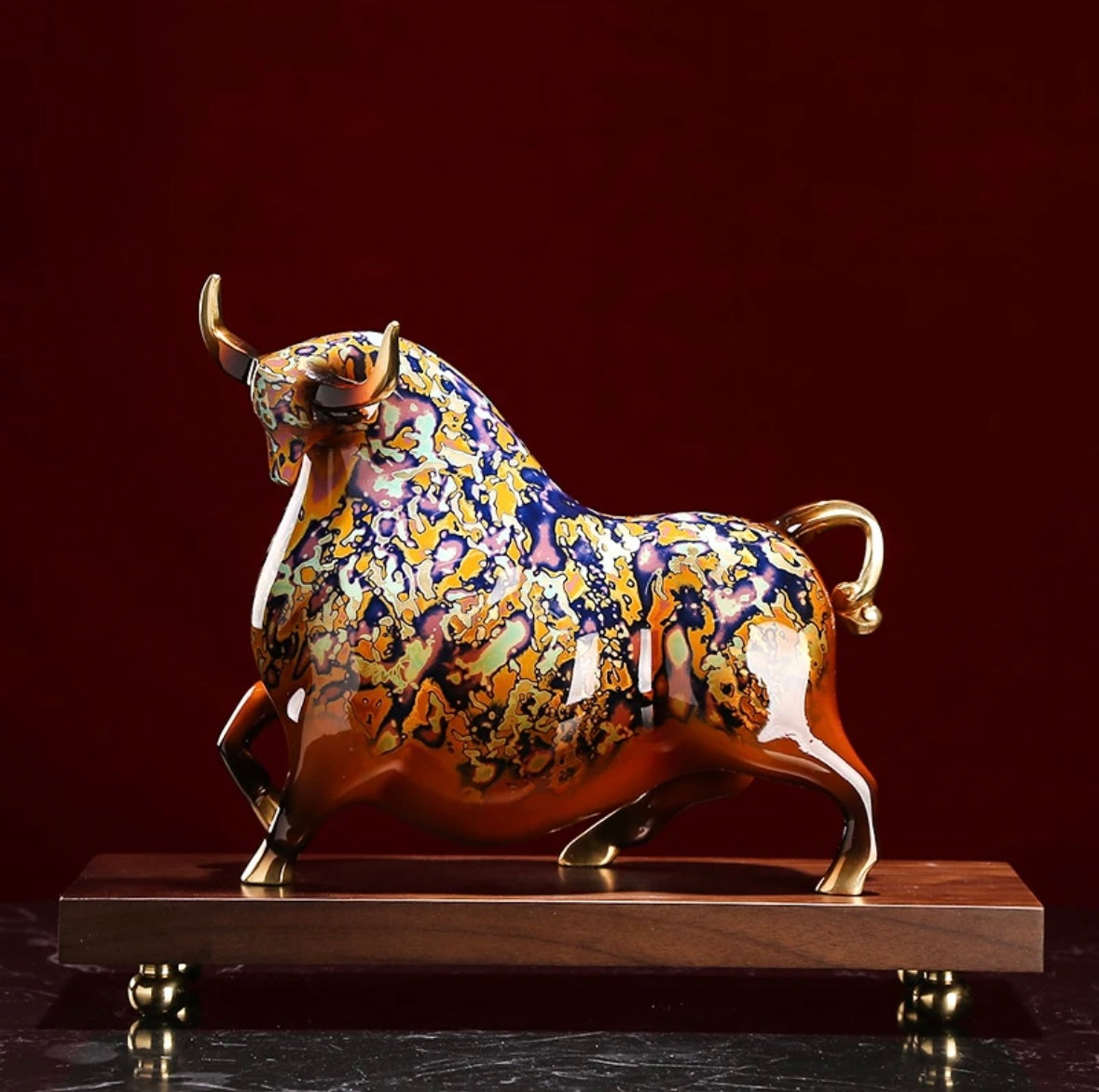 Bronze Bull Sculpture Lacquered Majesty: The Regal Saunter