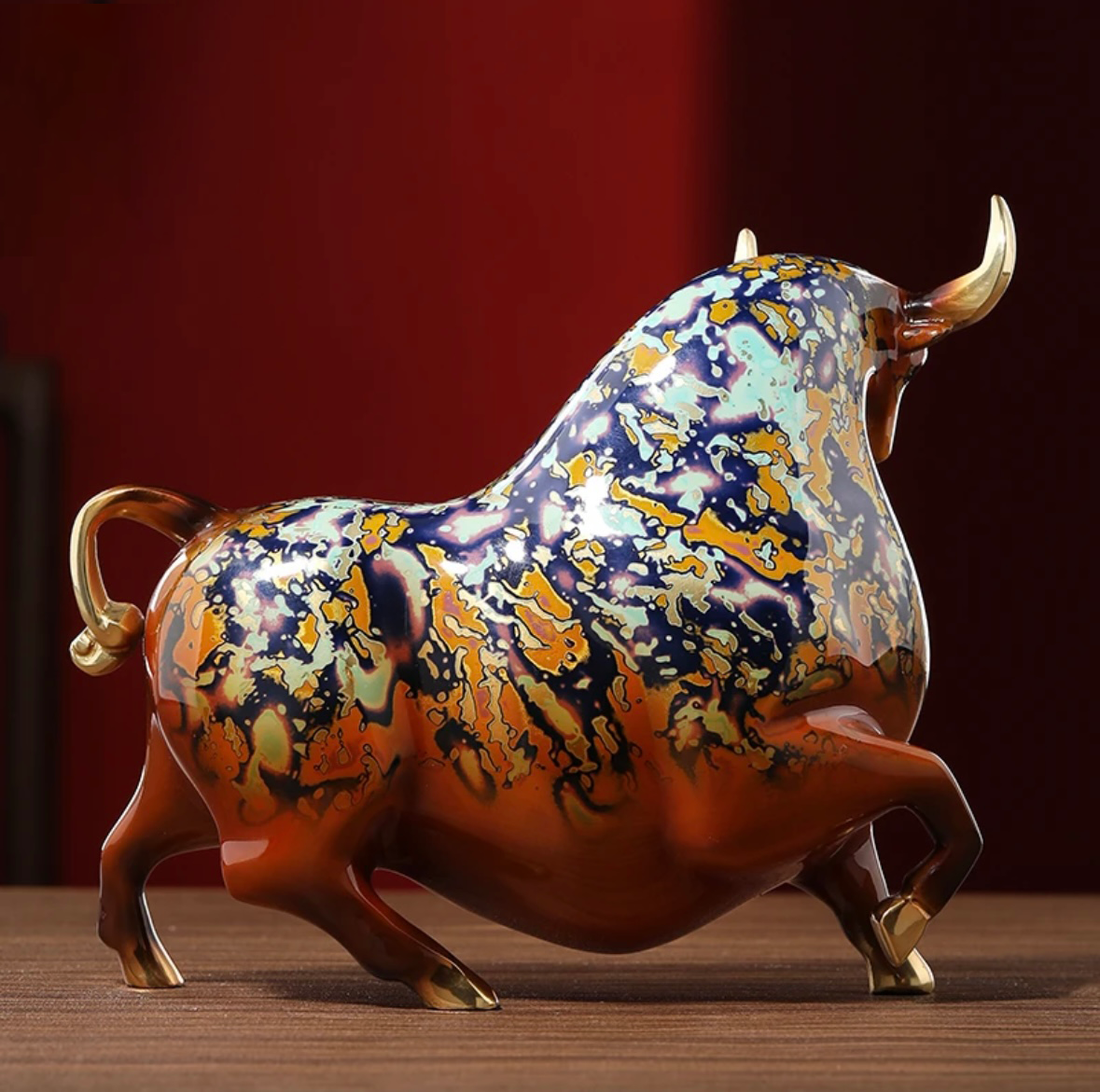 Bronze Bull Sculpture Lacquered Majesty: The Regal Saunter